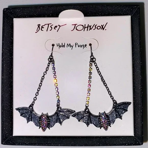 Betsey Johnson Halloween Iridescent Rhinestone Bat Goth Costume Earrings - Picture 3 of 6